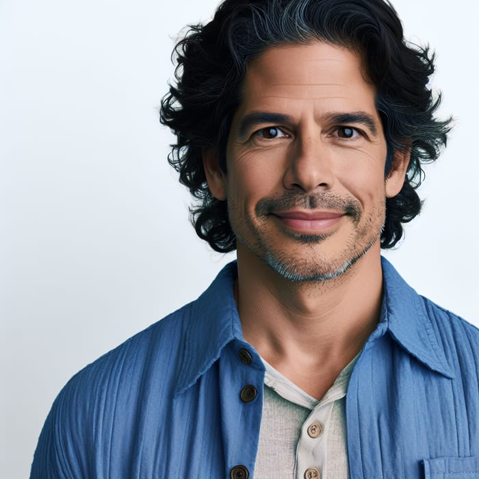 Half Body Shot of Approachable Middle-Aged Hispanic Man in Blue Shirt