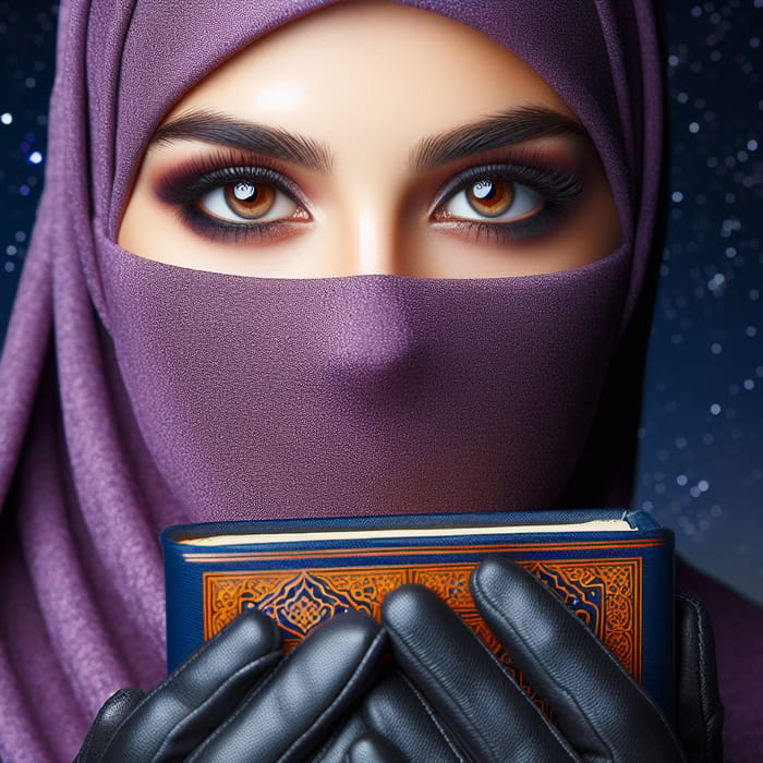 Beautiful Muslim Woman in Purple Niqab | Striking Brown Eyes | Starry Sky | Open Quran