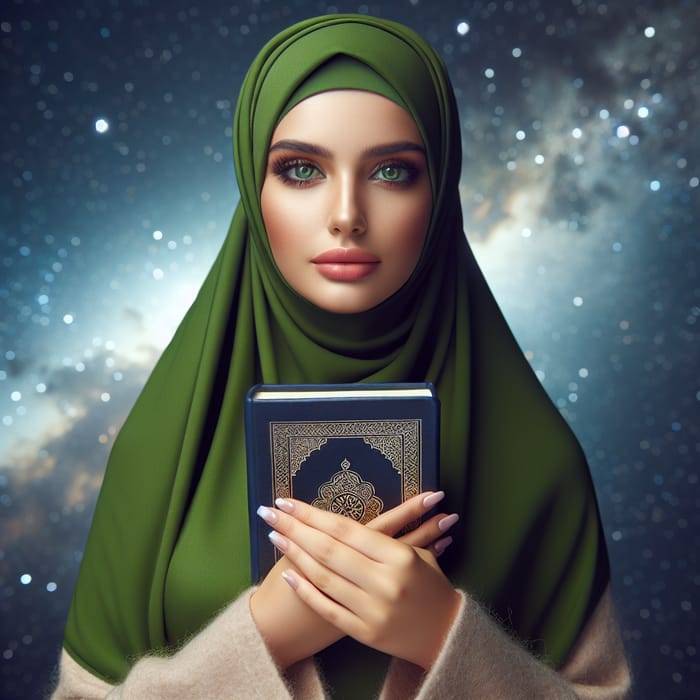 Beautiful Muslim Woman with Green Eyes Holding Opened Quran under Starry Sky