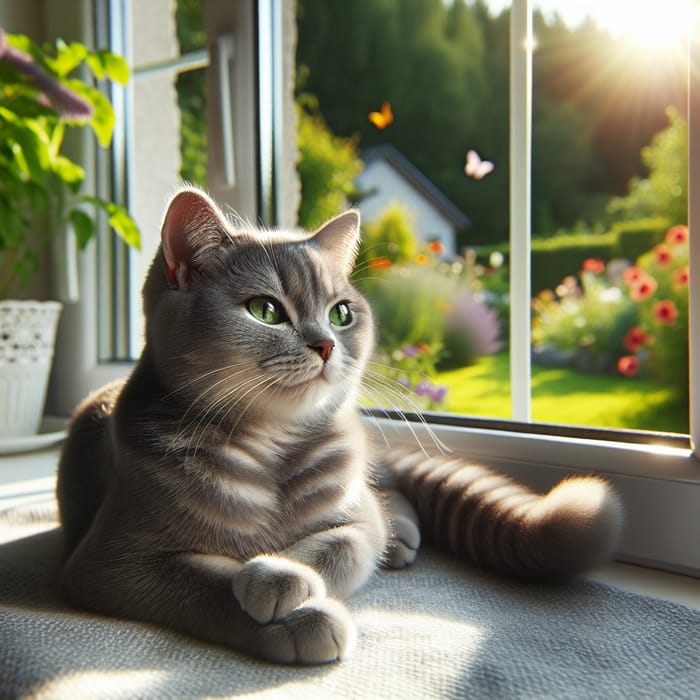 Beautiful Grey Cat Basking in Sunlight | Tranquil Garden Scene