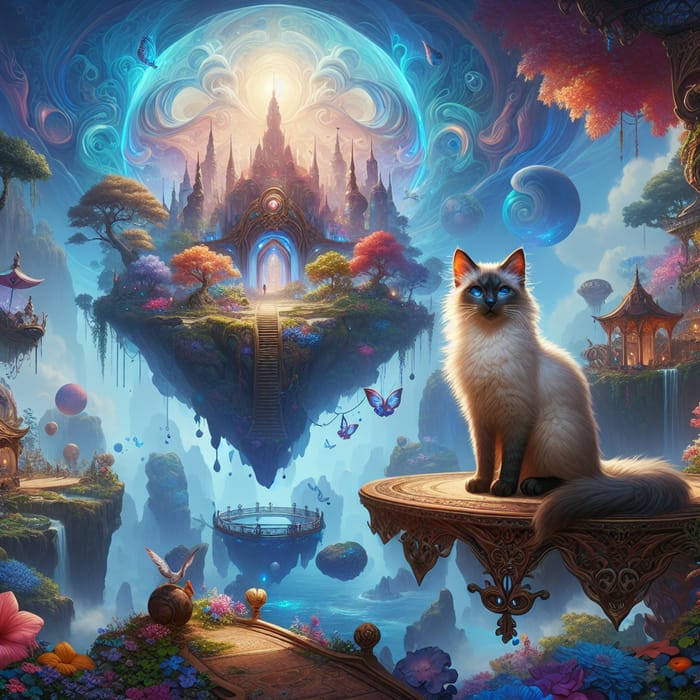 Captivating Siamese Cat on Mystical Floating Island - Fantasy Art