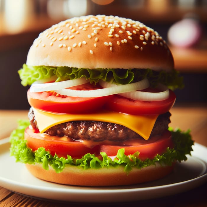 Delicious Hamburger on White Plate | Rustic Restaurant Scene