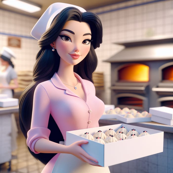Pixar 3D Style: Black-Haired Woman Baker with Bite-Sized Pastries