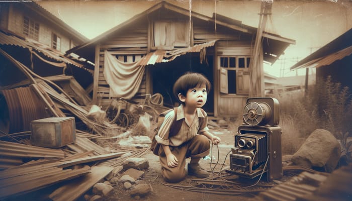 Vintage-Style Image of Curious East Asian Boy Exploring Abandoned House