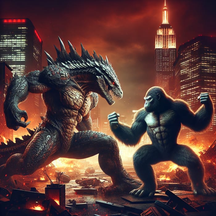 Godzilla vs Kong: Colossal Battle in Fiery Cityscape