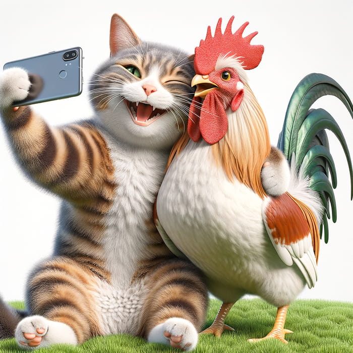 Realistic Cat and Rooster Selfie - Professional High-Resolution Photo