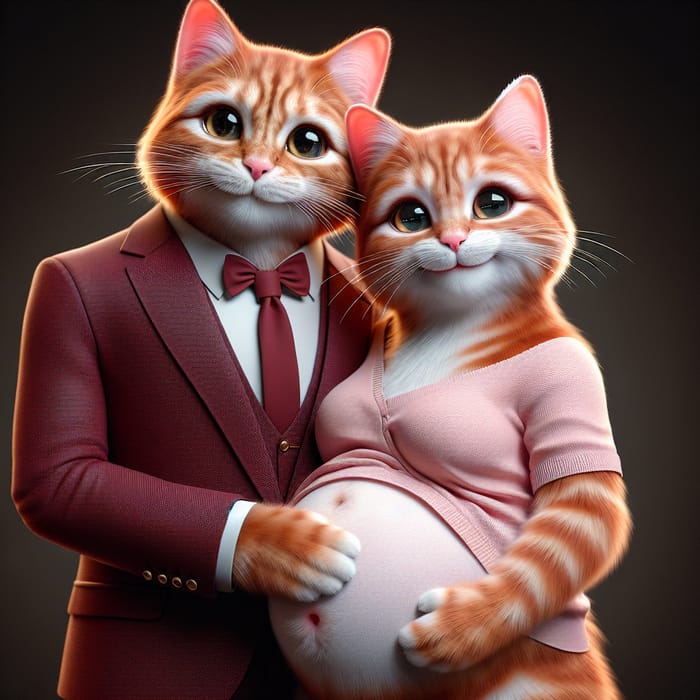 Pregnant Red Cat with Husband: Realistic Hyperrealism Image