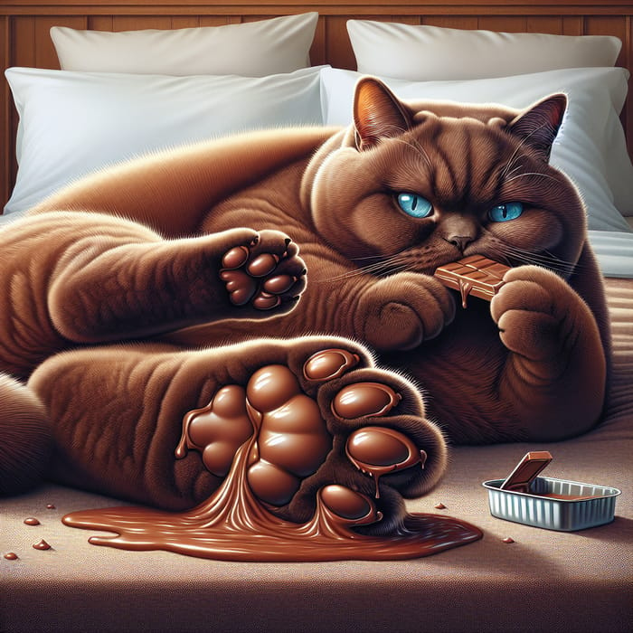 Humorous Chunky Chocolate British Shorthair Cat Lying on Bed