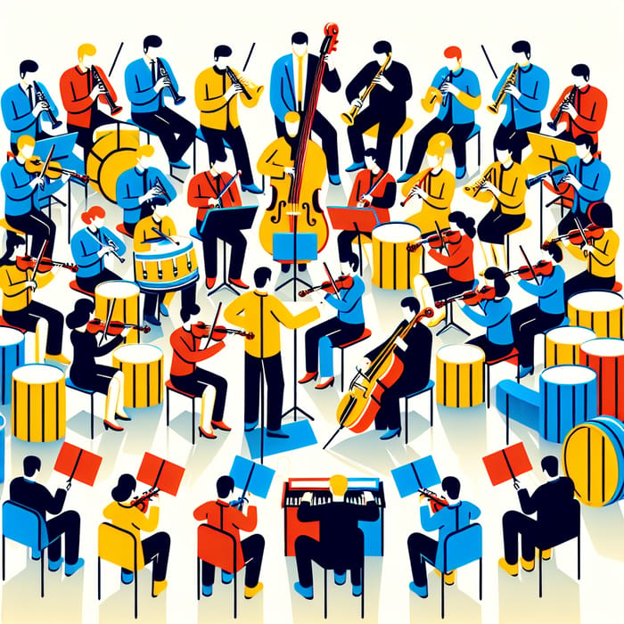 Vibrant Symphony Orchestra in Yellow, Blue, and Red Attire