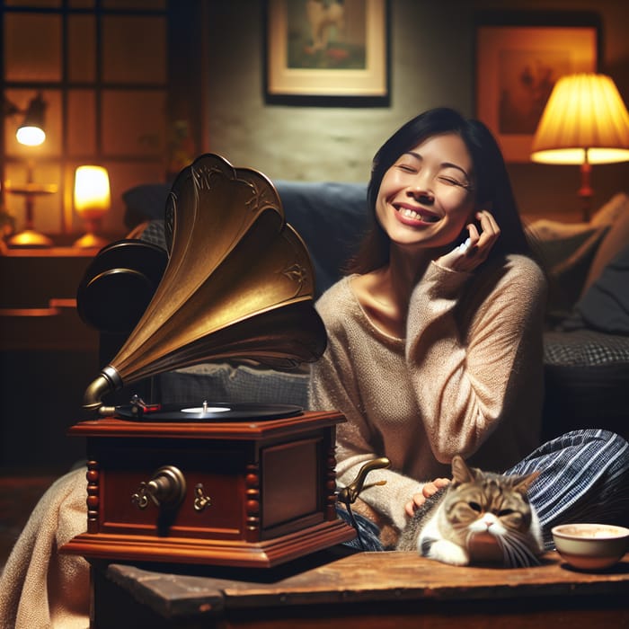 Cozy Indoor Scene of Asian Woman Listening to Music