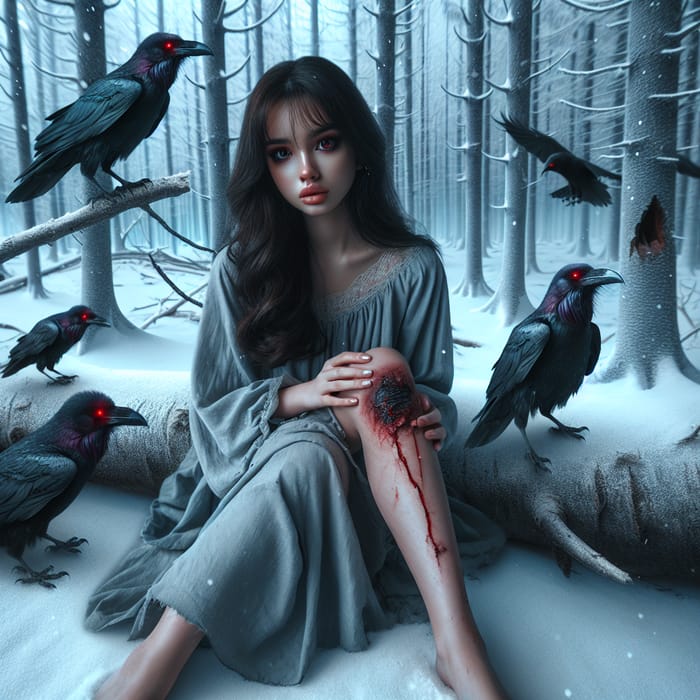 Hyperrealistic Image of Hispanic Girl in Snowy Forest with Red-Eyed Ravens