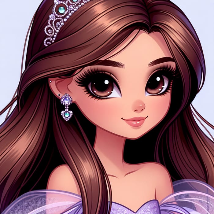 Graceful Disney Princess with Brown Eyes and Long Straight Hair in Purple Ball Gown and Glass Slippers