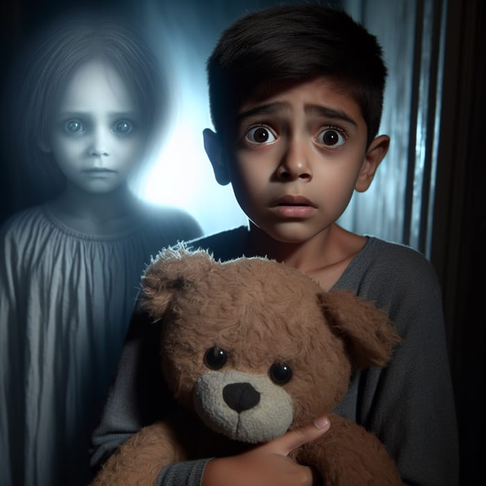Scared 10-Year-Old Hispanic Boy with Ghostly Child in Dimly Lit Scene