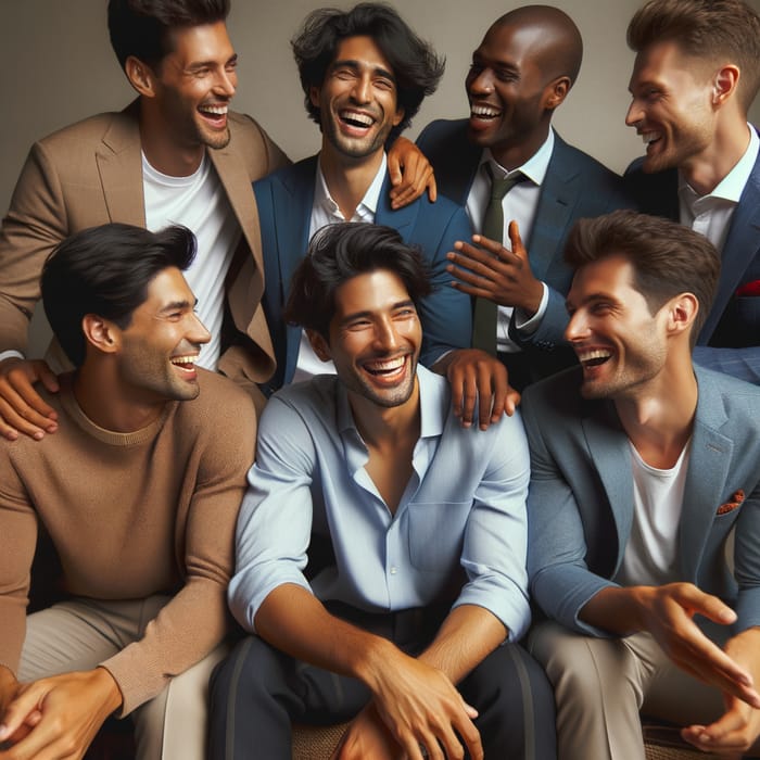 6 Male Friends Joyfully Gather in Smart Casual Attire
