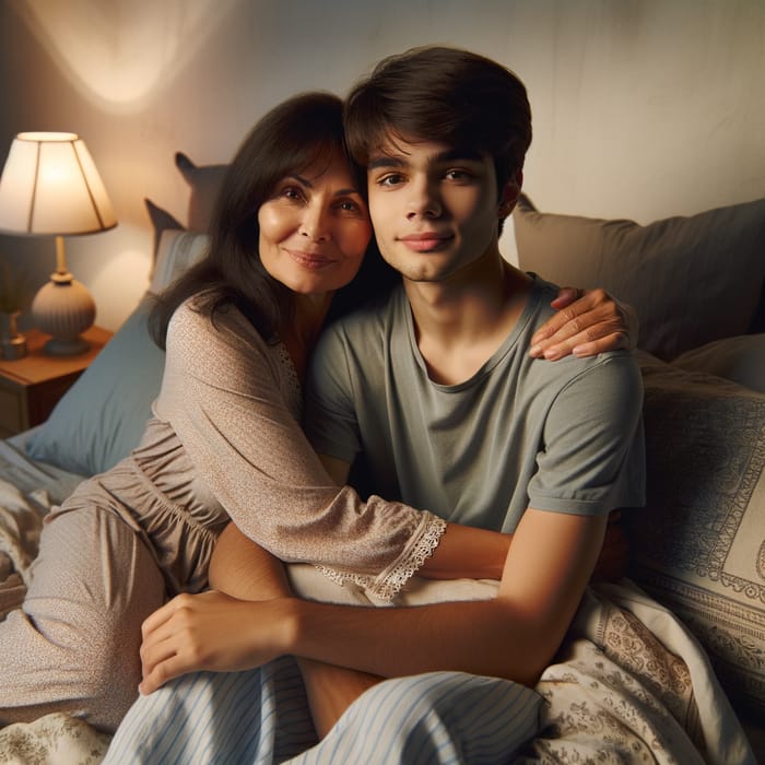 Loving Mom And 18 Year Old Son Cuddling Tranquil Moment In Bed AI Loving Mom And 18 Year Old Son Cuddling Tranquil Moment In Bed AI