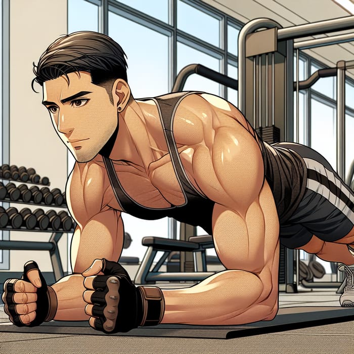 Anime Style Gym Plank Exercise | Hispanic Man One-Arm Support