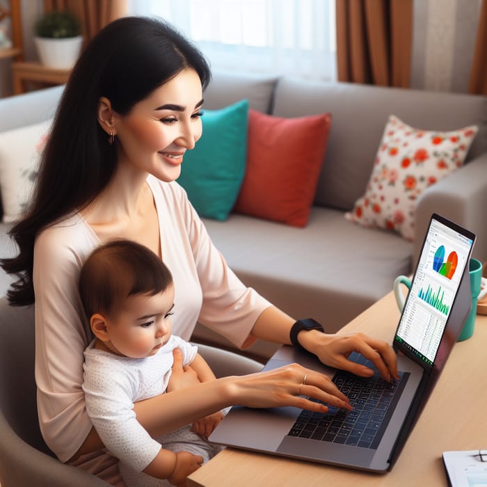 Kazakh Woman Balancing Maternity Leave and Work from Home