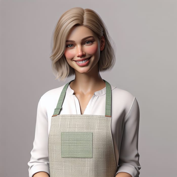 Smiling Female Salesperson in White Shirt & Green Apron