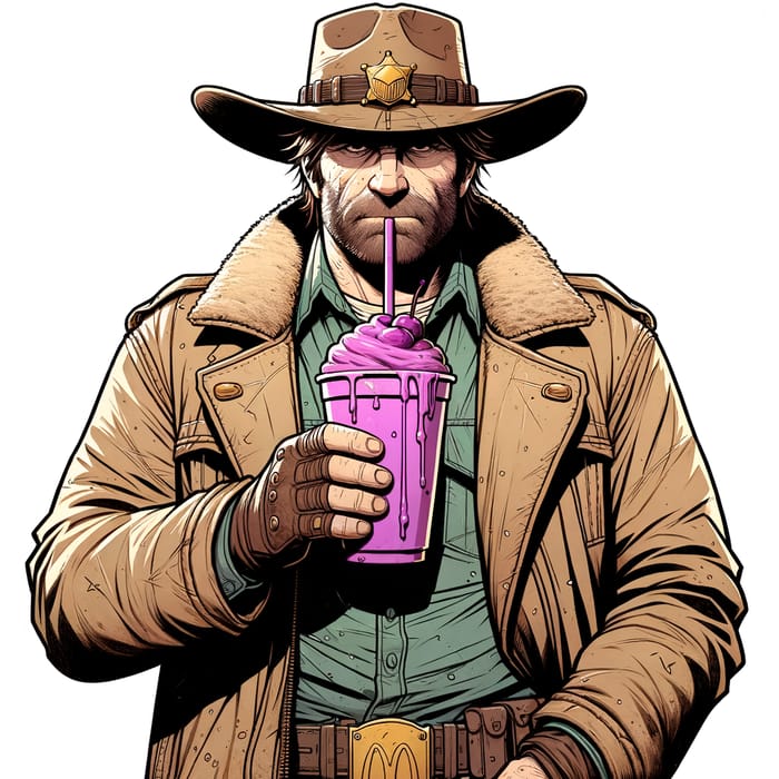 Post-Apocalyptic Sheriff Sipping Creamy Grimace Milkshake