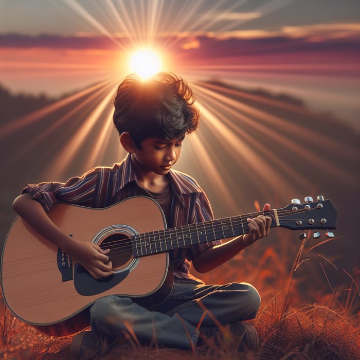 Enthusiastic Boy Playing Guitar at Sunset