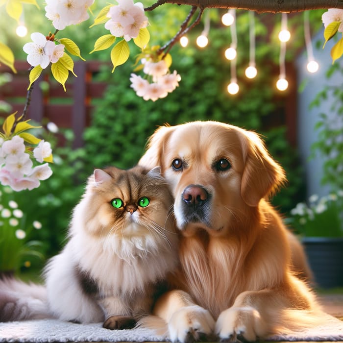 Adorable Cat and Dog Friendship Under Cherry Tree