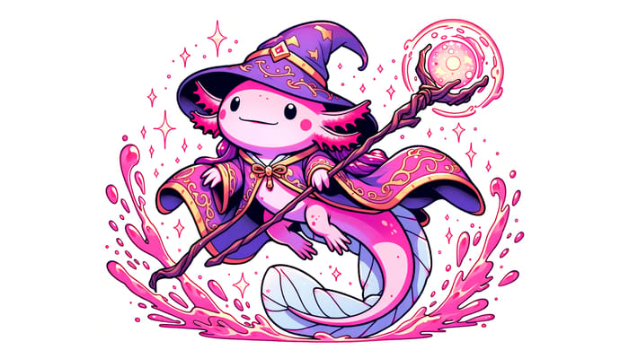 Cute Pink Humanoid Axolotl Wizard Casting Epic Spell
