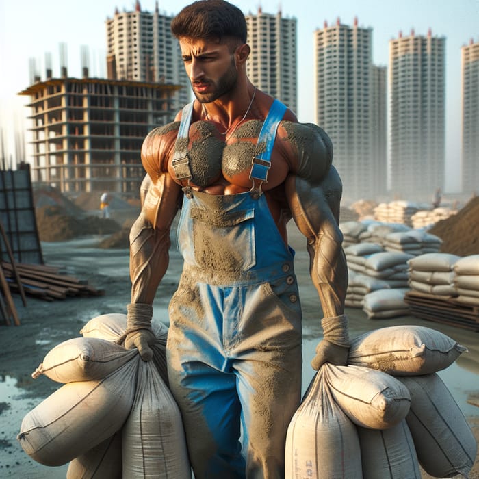Strong Man Lifting Five Cement Sacks for Construction Site