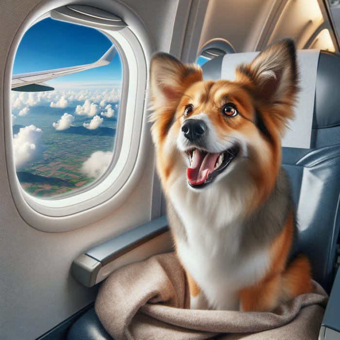 Joyful Dog in Airplane Watching Scenic Flight | Air Travel Excitement