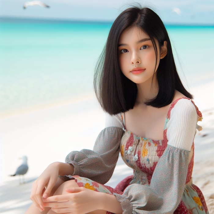 Tranquil Beach Scene: Serene East Asian Girl by Turquoise Sea