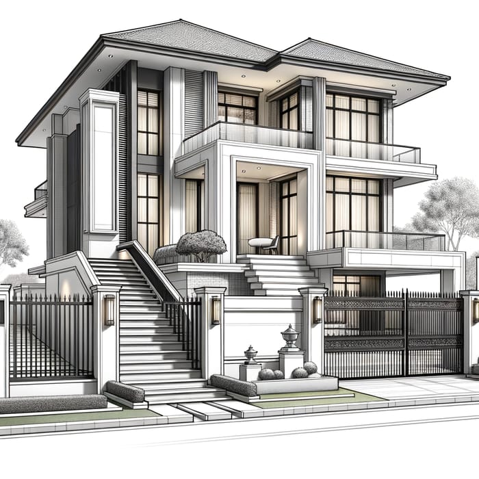 Modern House Elevation with Grand Gate and Staircase | 14x50 ft.