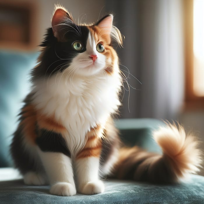 Adorable Calico Cat on Teal Couch