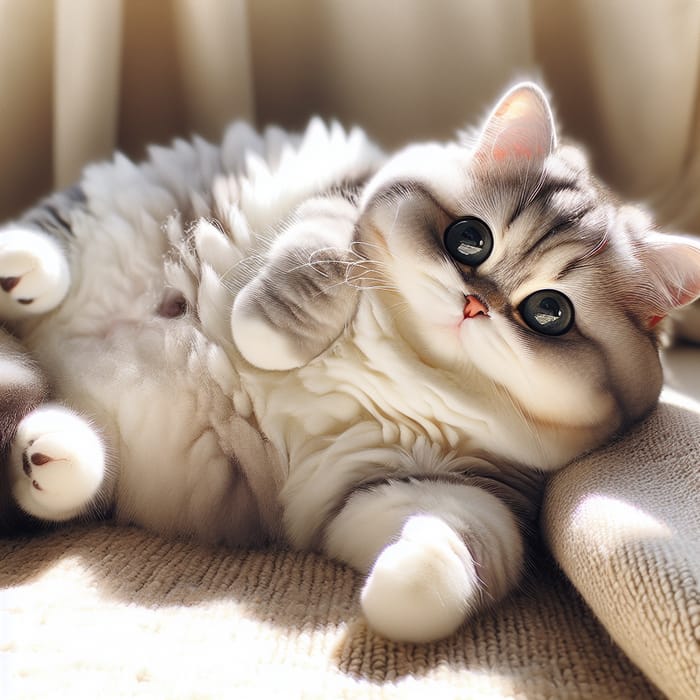 Chubby Cat in a Sunlit Spot - Fluffy and Adorable