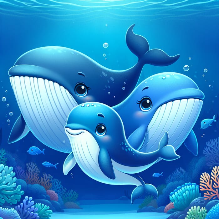 Whimsical Cartoon-Style Whale Family in Vibrant Undersea World