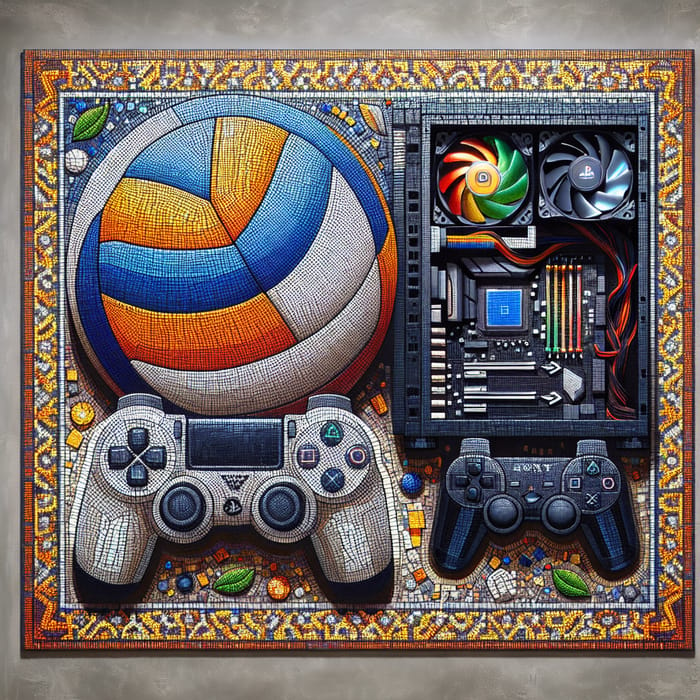 Skillfully Crafted Volleyball, PlayStation Controller, and Gaming PC Mosaic