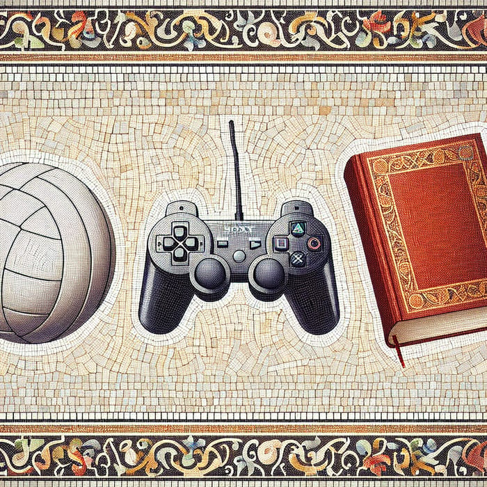 Volleyball, PlayStation Controller, and Book Mosaic Image