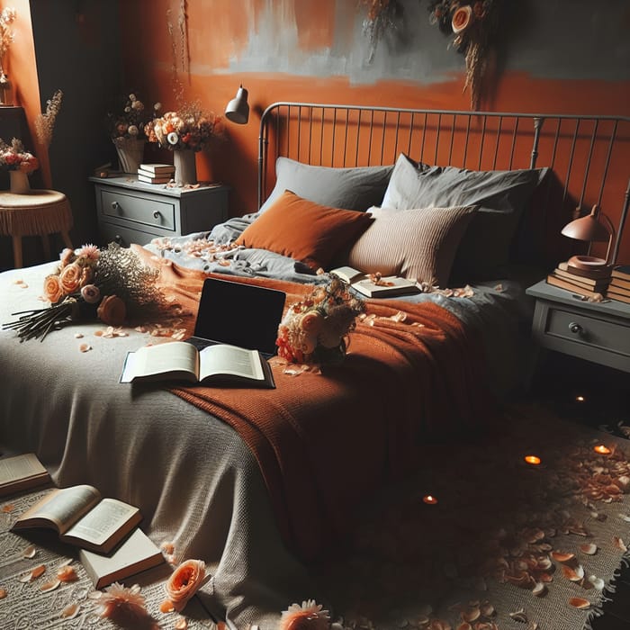Cozy Orange and Grey Bedroom with Books, Laptop, and Flowers