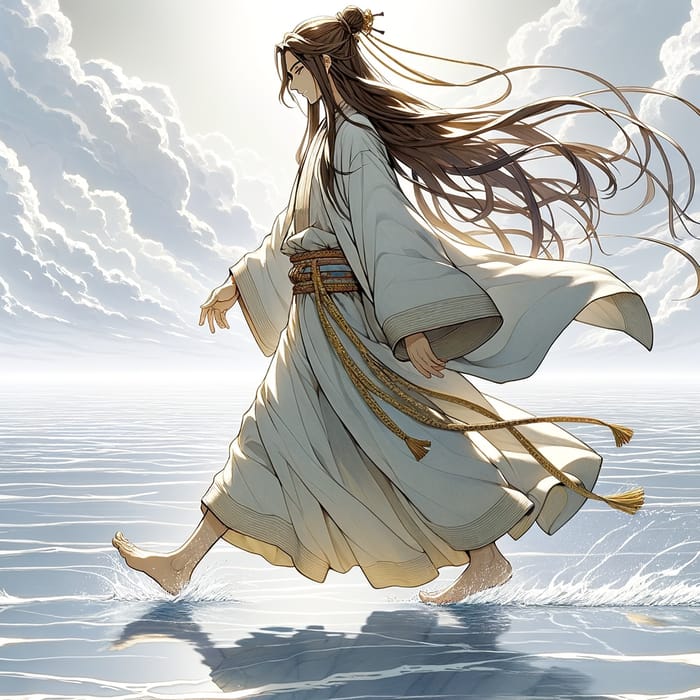 Anime-style Interpretation of Peaceful Water-Walking Figure