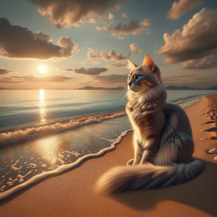 Curious Cat Gazing at the Ocean | Tranquil Sunset Scene