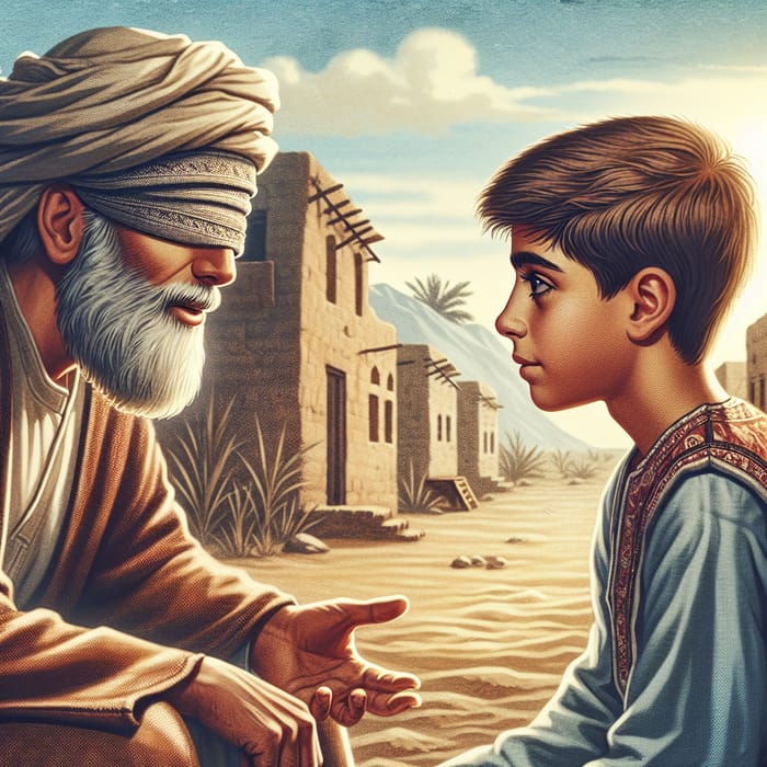 Blind Man Communicating with Young Boy in Pre-Islamic Era