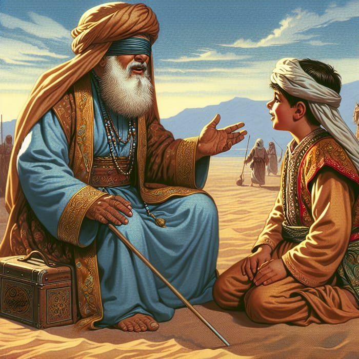Blind Wealthy Man Talking to Young Boy in Pre-Islamic Arabian Desert