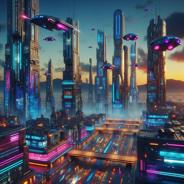Vibrant Cyberpunk Cityscape with Flying Cars and Skyscrapers at Dusk