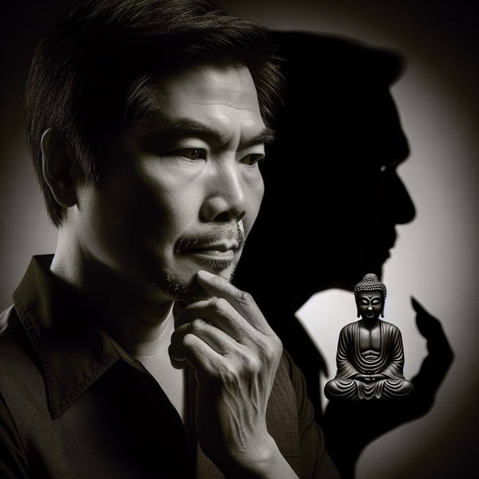 Vietnamese Man Contemplating Buddha and Devil Shadows
