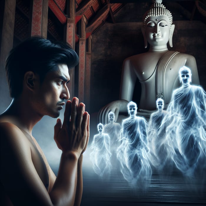 Spiritual Man with Buddha Statue and Ghosts in Meditation