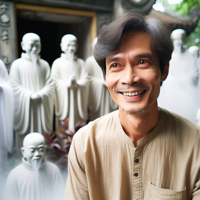 Vietnamese Man Smiling in Peace Amidst Asian Zen Garden