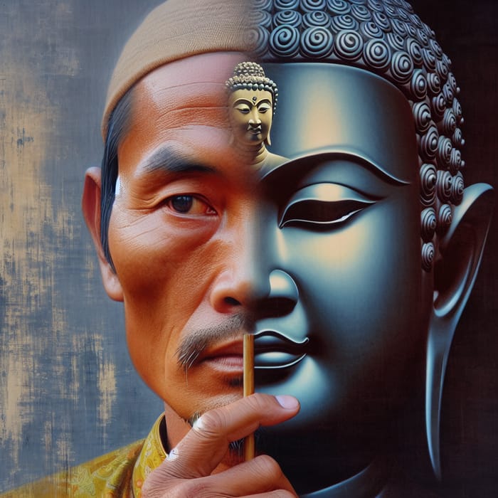 Vietnamese Man Portrait with Buddha and Devil