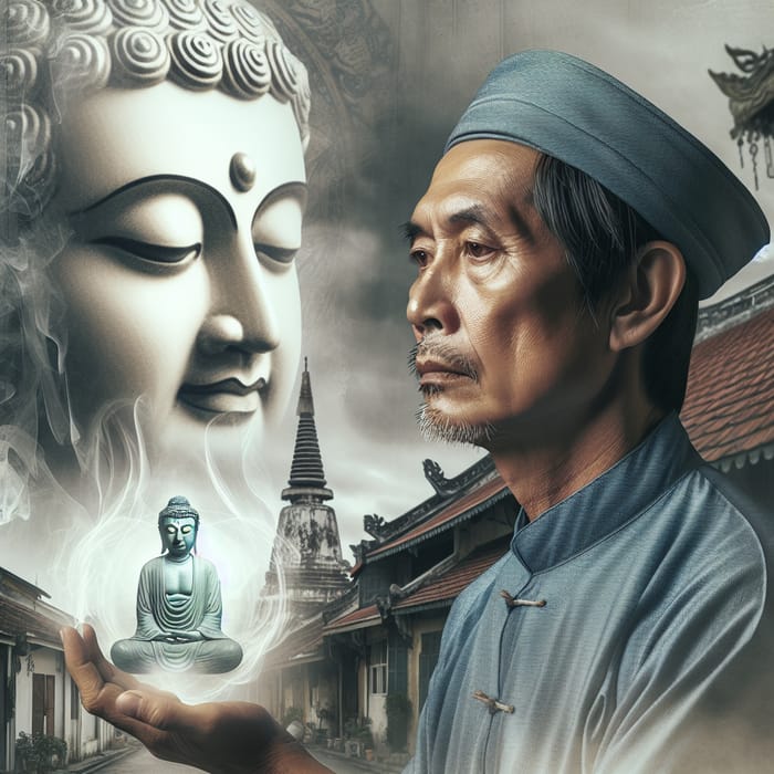 Vietnamese Man Contemplating Buddha with Ghostly Presence