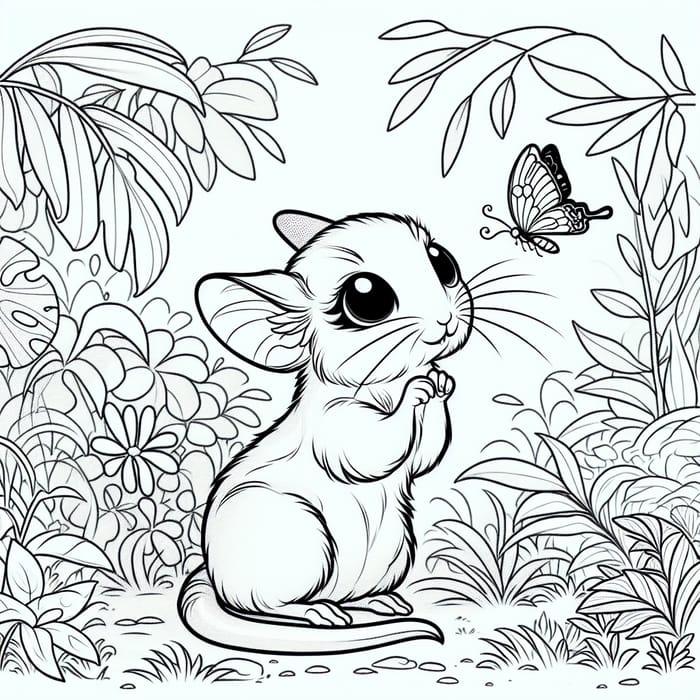 Wild Spirit Coloring Page: Cute Jerboa in Zen Park with Butterfly