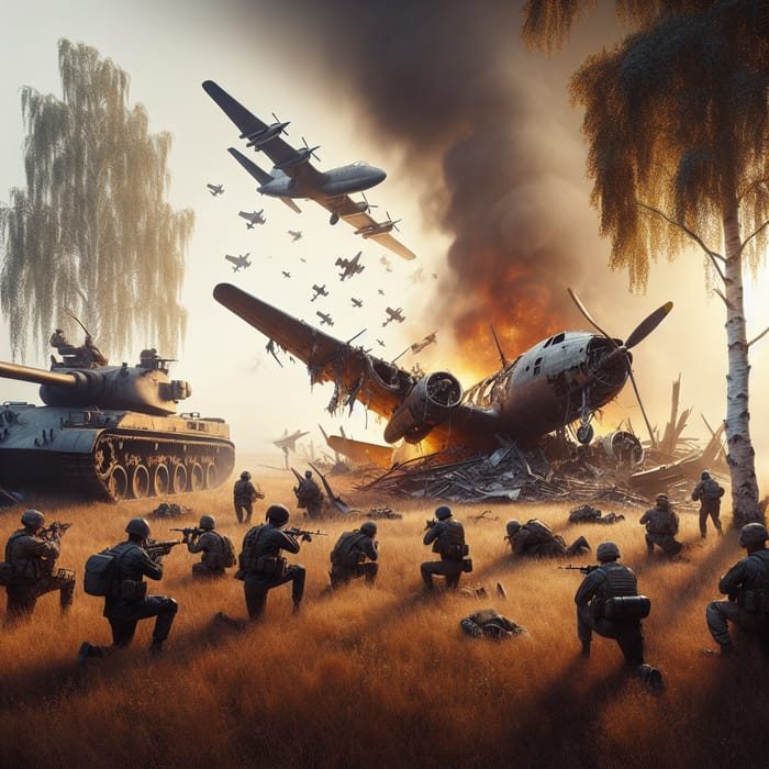 Intense Battlefield: Tank, Soldiers, & Destroyed Plane