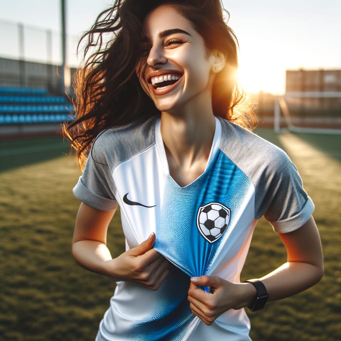 Smiling Female Soccer Player in Oversized Shirt Soaks Up the Sun