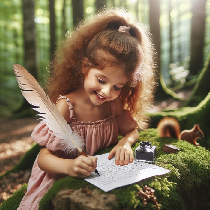 Joyful Girl Writing in Forest | Serene Natural Environment